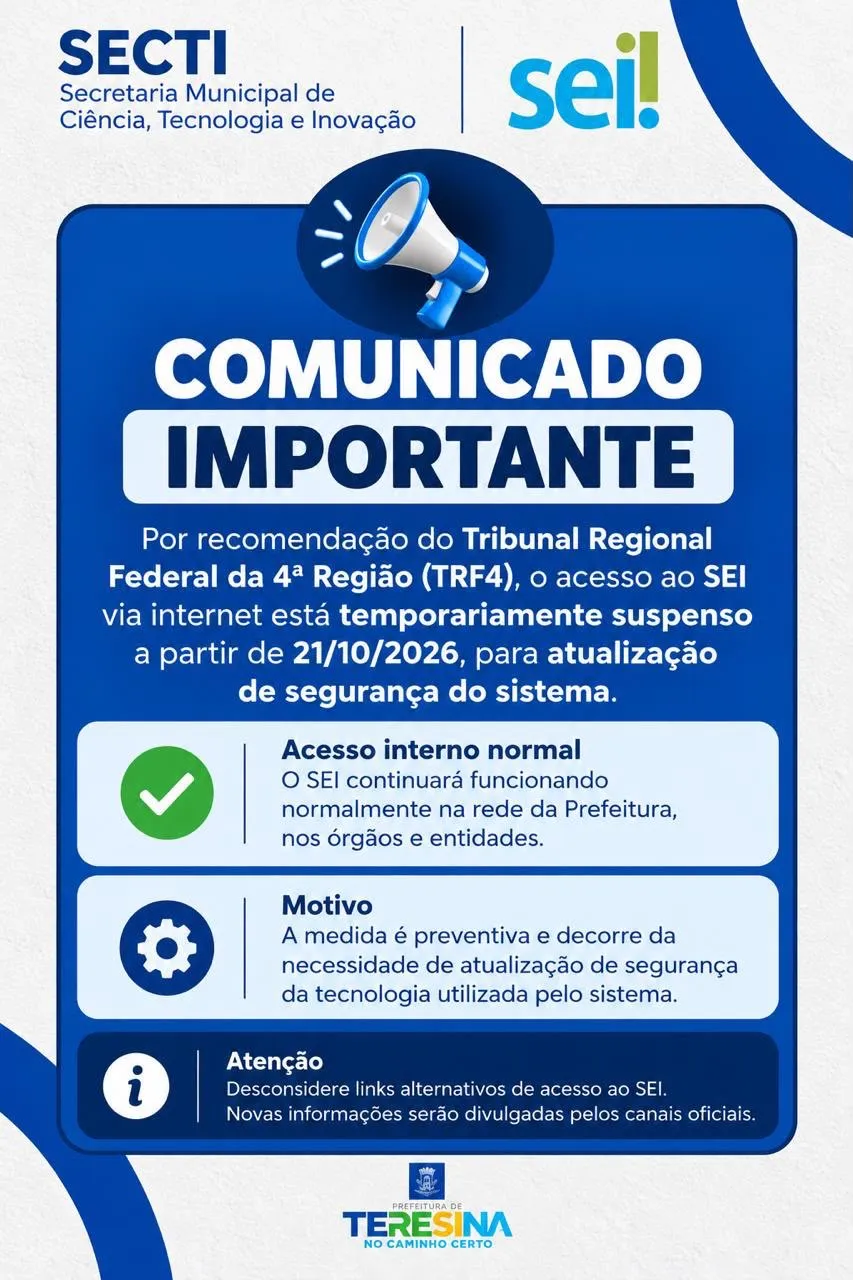 Teresina suspende temporariamente acesso externo ao sistema SEI por segurança